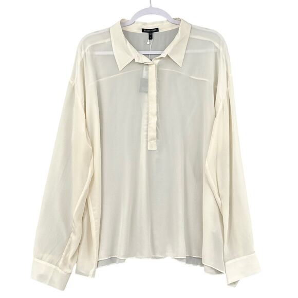 Eileen Fisher Silk Off White Semi Sheer Long Sleeve Collared Blouse Womens Large - Picture 1 of 10